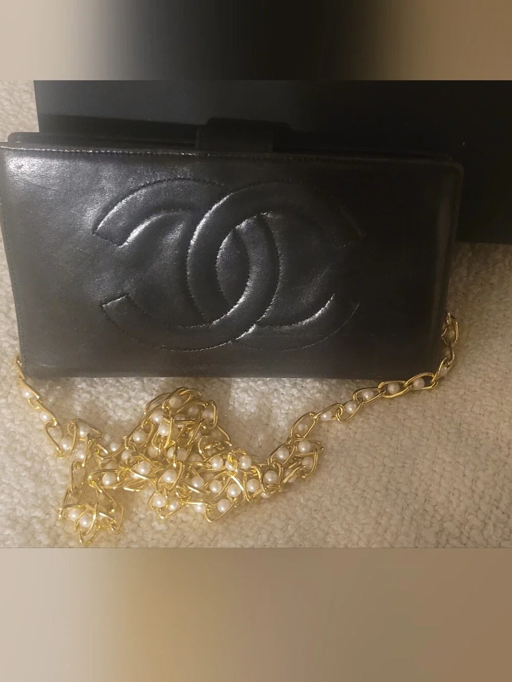 CHANEL Black Quilted Leather Wallet with Unbranded Pearl-Embellished Chain